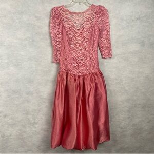 Vintage 80s Party Dress Pink Floral Lace Satin Sz 3/4P Prom Alicia Flaw